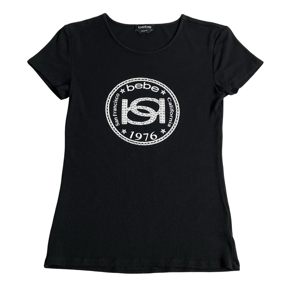 Bebe Top Womens‎ M Black Rhinestone Logo McBling Y2K Ribbed Stretch Fitted Tee